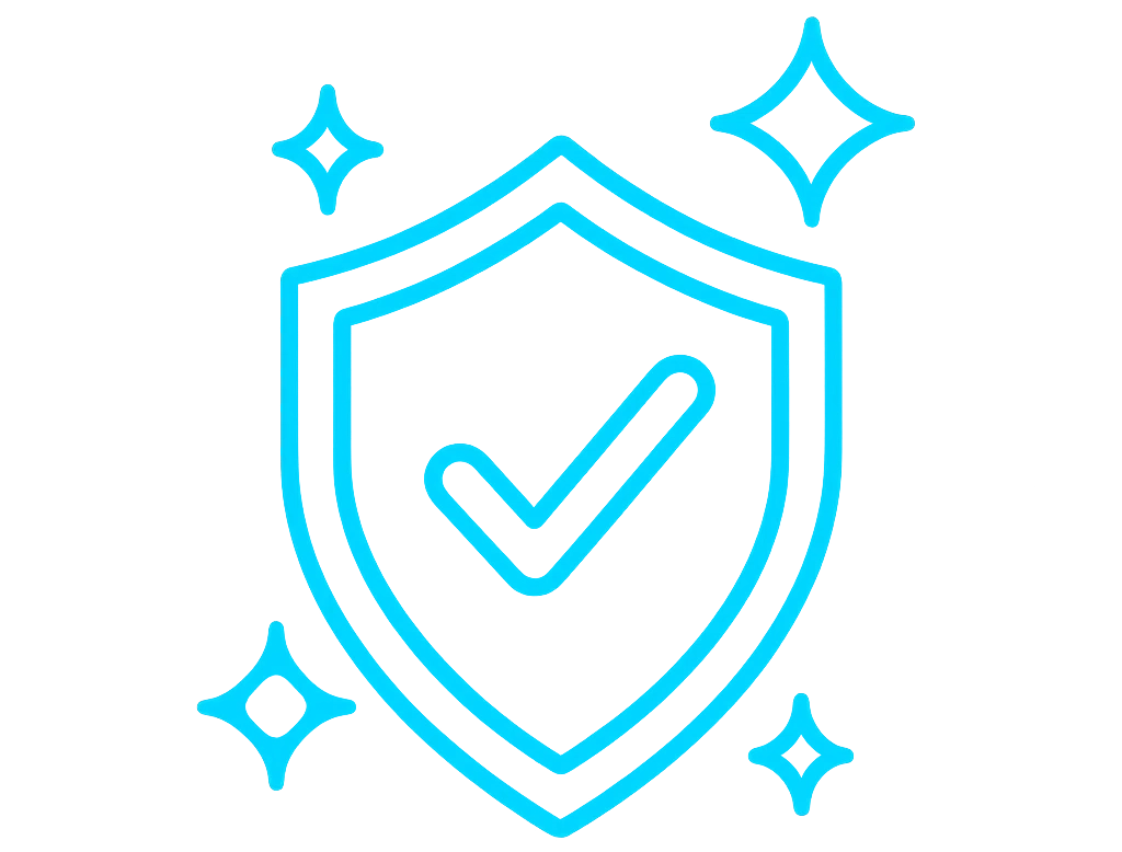 Shield with checkmark and sparkles symbolizing guaranteed satisfaction.
